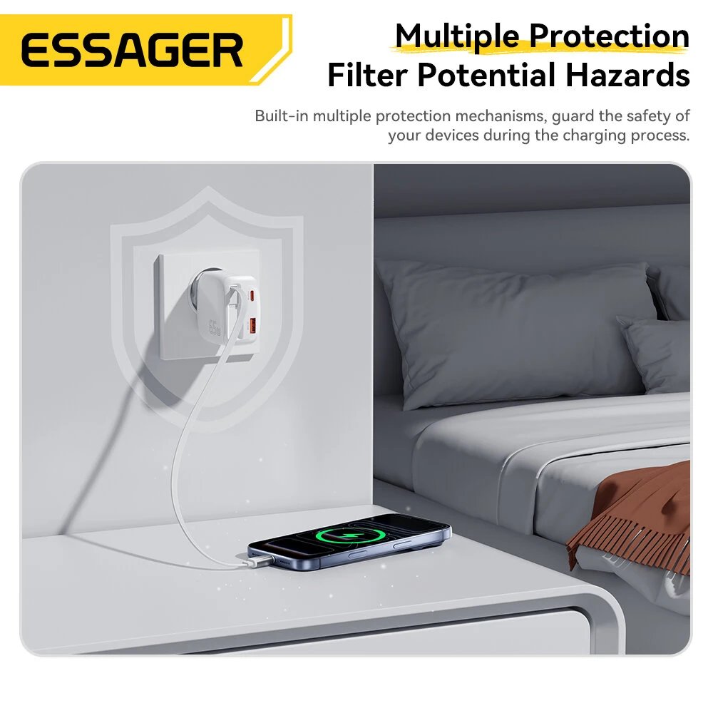 Essager ES-CD60 Chargeur Secteur GaN 65W avec Câble USB-C Rétractable - Arsenal HANTKO
